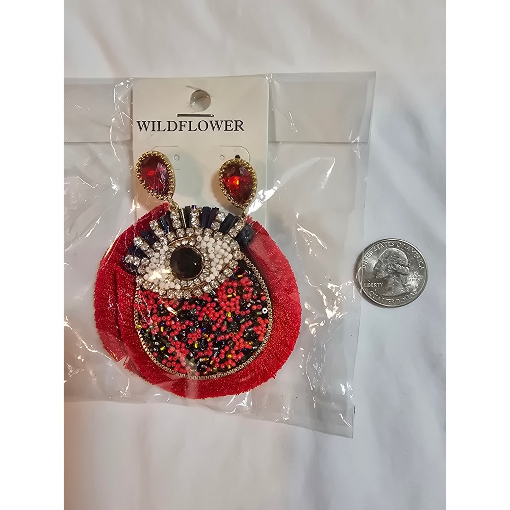 Wildflower Beaded Evil Eye Statement Earrings Red Fringe Rhinestone New - Picture 2 of 5